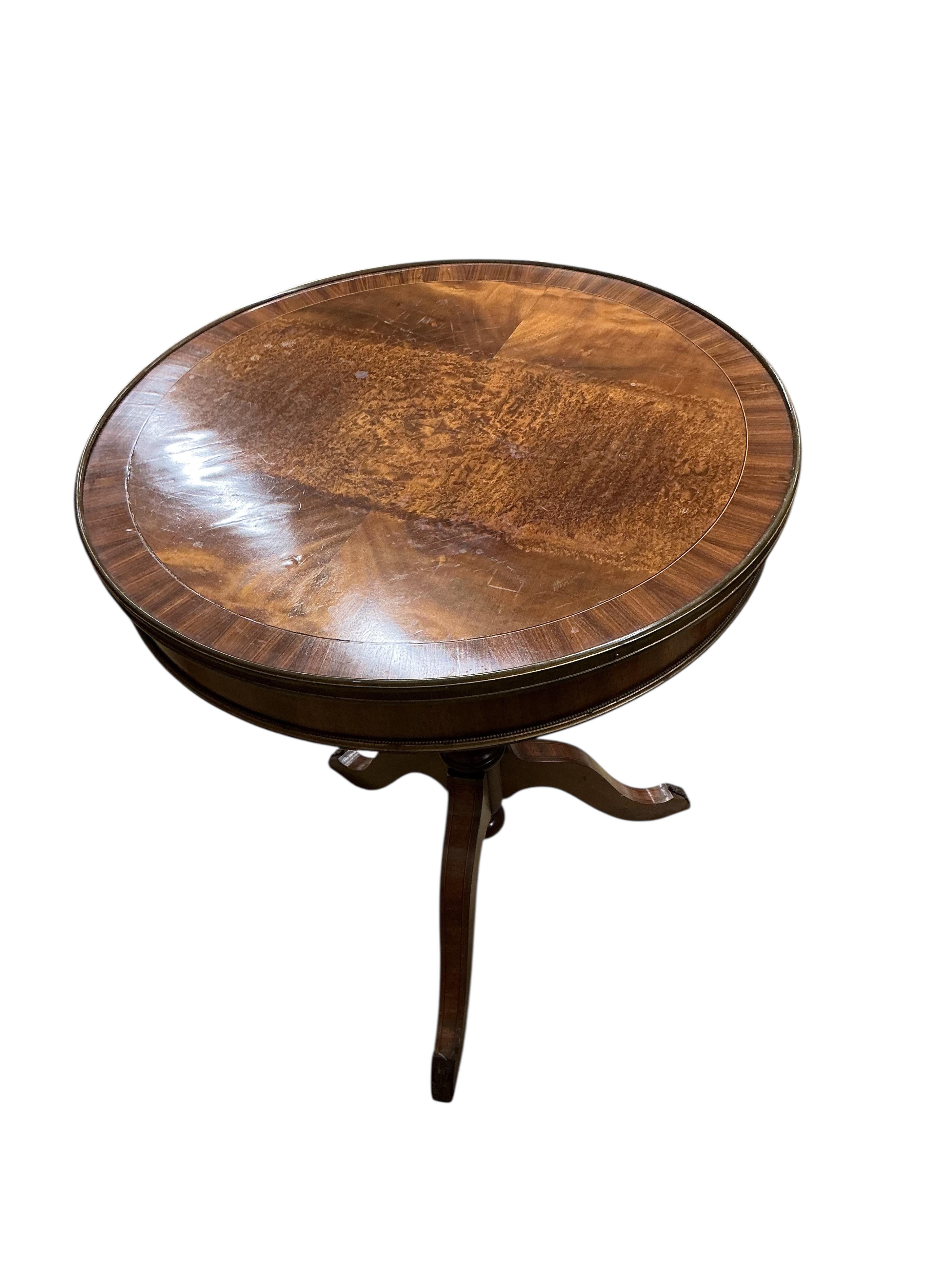 A George III style circular banded mahogany centre table, diameter 60cm, height 70cm